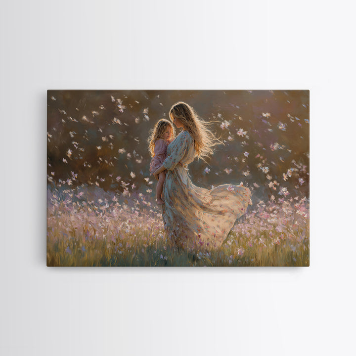 Sunlit Mother And Child Flower Field Canvas Print, Floral Wall Art, Feminine Bedroom Decor, Gift For Mom, Boho Home Decor