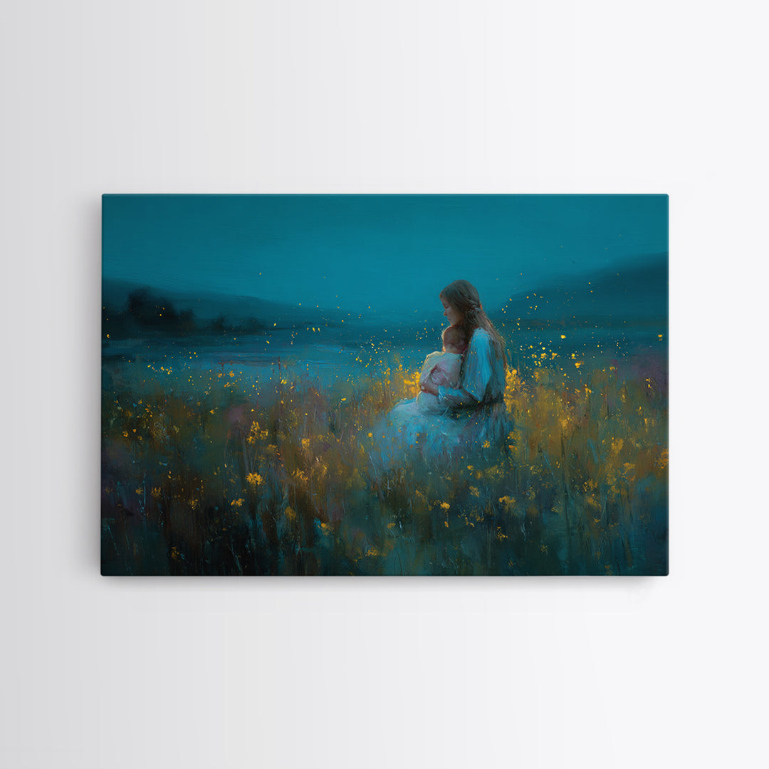Twilight Mother And Baby In Firefly Meadow Wall Art, Floral Nursery Decor, Motherhood Gift, Living Room Art, Fine Art Print