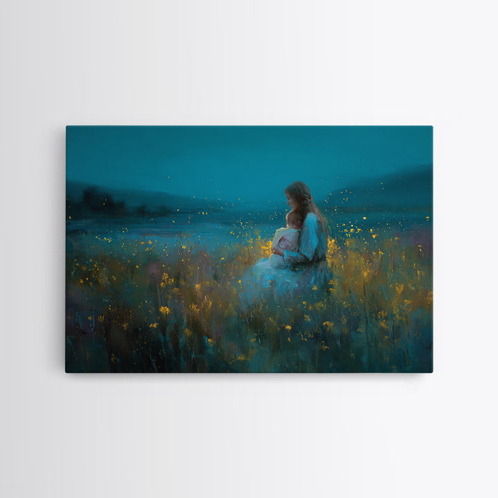 Twilight Mother And Baby In Firefly Meadow Wall Art, Floral Nursery Decor, Motherhood Gift, Living Room Art, Fine Art Print