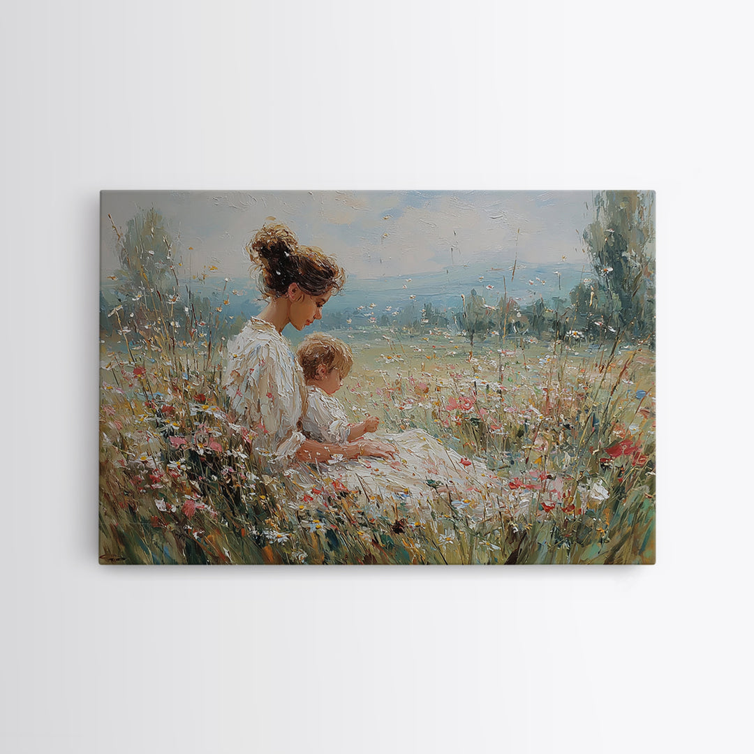 Seated Mother And Child In Sunlit Meadow Wall Art, Impressionist Floral Canvas, Nursery Decor, Housewarming Gift, Living Room Decor