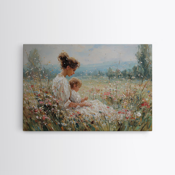 Seated Mother And Child In Sunlit Meadow Wall Art, Impressionist Floral Canvas, Nursery Decor, Housewarming Gift, Living Room Decor