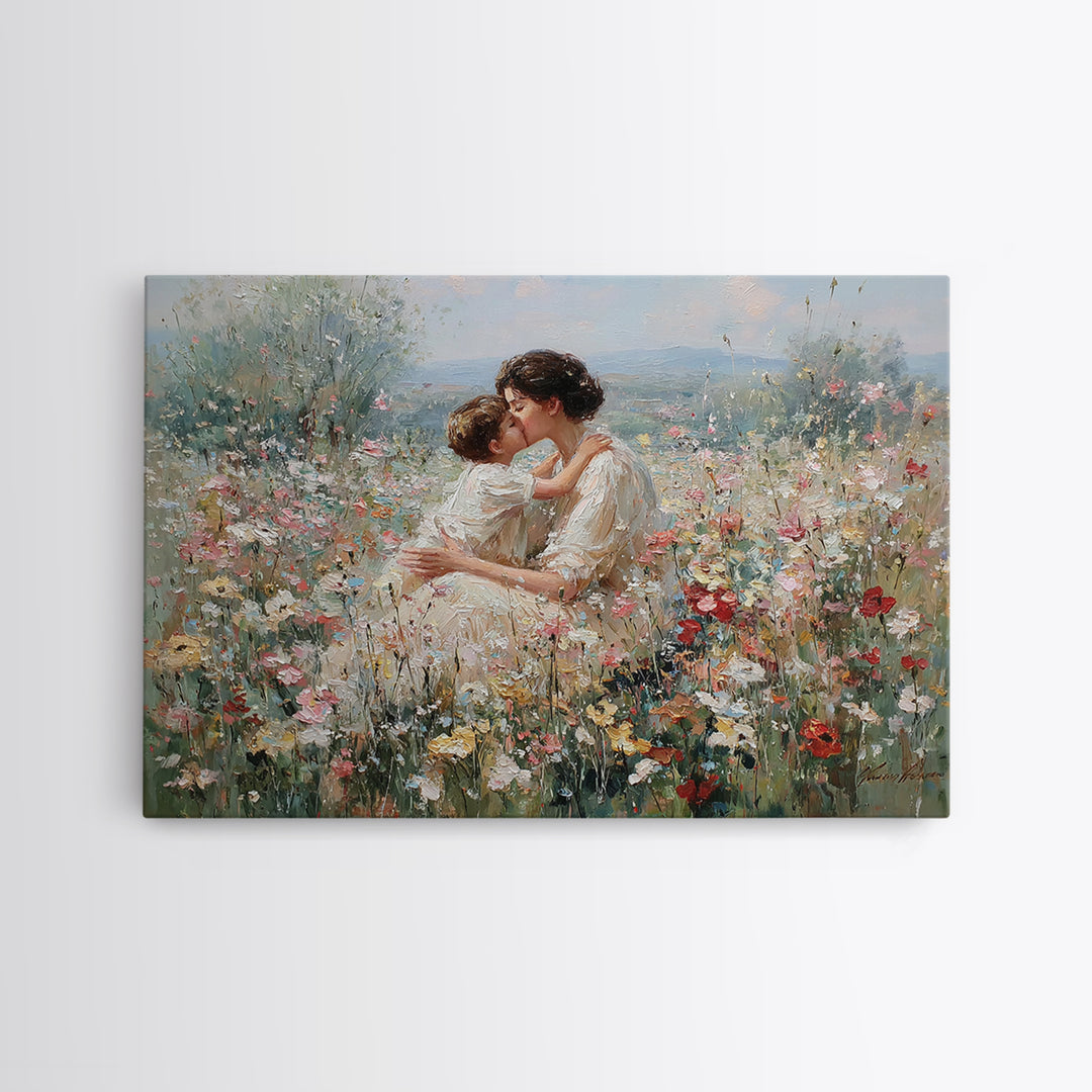 Mother Kissing Child In Romantic Wildflower Field Framed Canvas Print, Floral Wall Art, Feminine Decor, Gift For Her, Nursery Wall Art