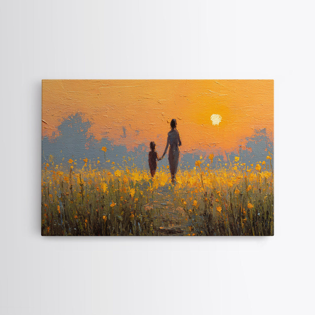 Sunset Silhouette Mother And Child In Yellow Field Wall Art, Warm Landscape Print, Nursery Decor, Above Bed Art, Gift For Her