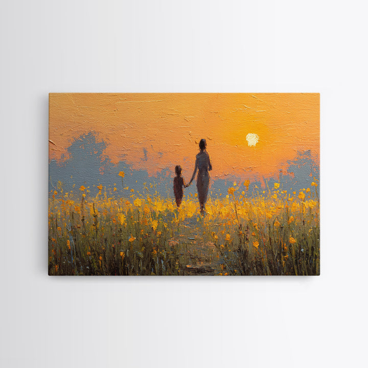 Sunset Silhouette Mother And Child In Yellow Field Wall Art, Warm Landscape Print, Nursery Decor, Above Bed Art, Gift For Her