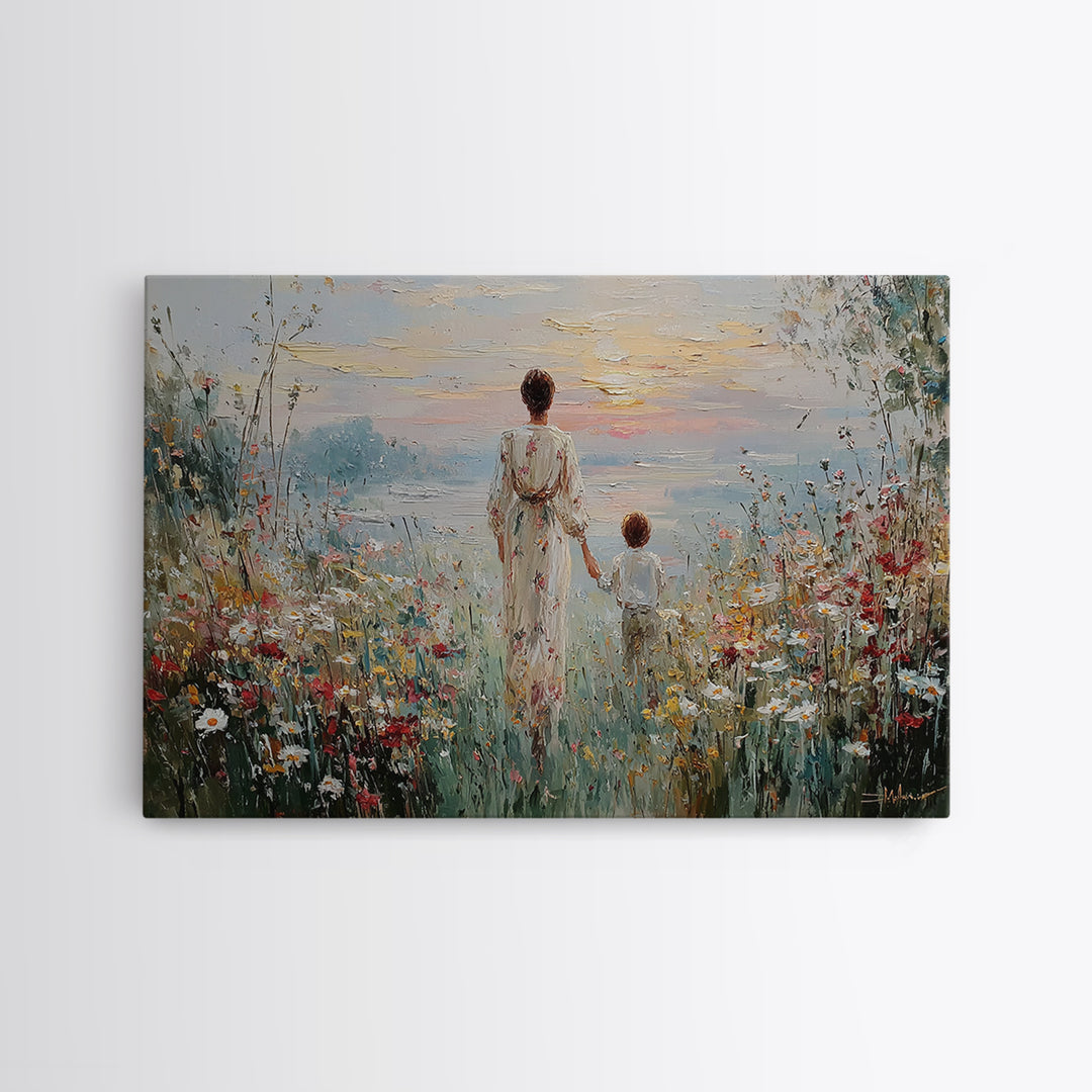 Mother And Child Walking To Lake At Sunset Framed Canvas Print, Wildflower Wall Art, Coastal Decor, Housewarming Gift, Living Room Art