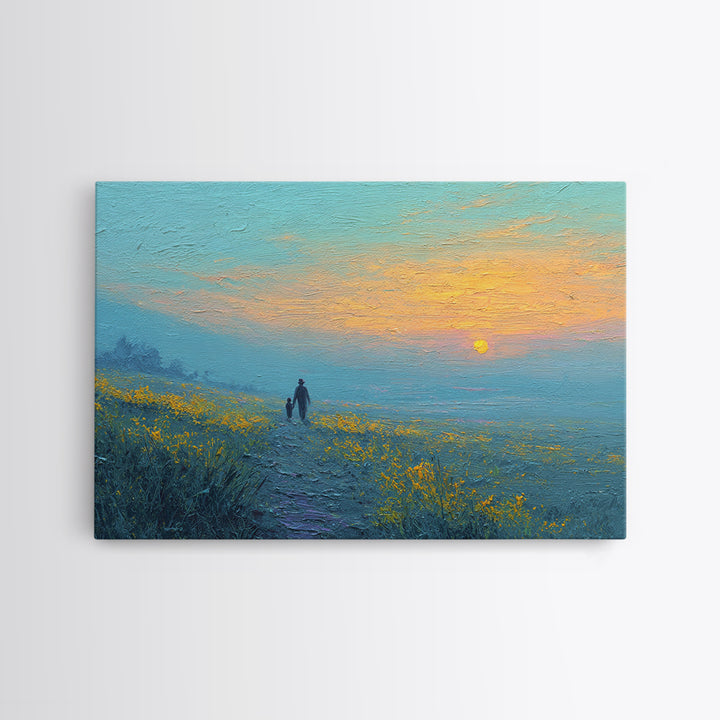 Parent And Child Sunset Path Canvas Print, Blue Yellow Wildflower Meadow Landscape, Calming Wall Art, Gift For Mom, Living Room Decor