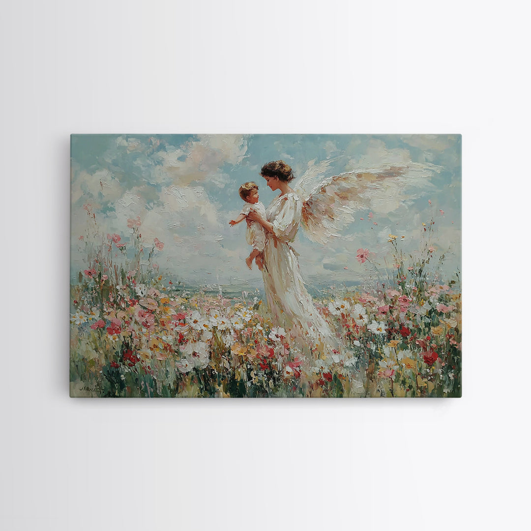 Guardian Angel Holding Child Framed Canvas Print, Heavenly Wildflower Meadow Painting, Christian Wall Art, Nursery Decor Gift