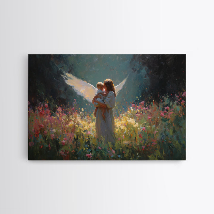 Glowing Guardian Angel And Child Wall Art, Dark Floral Meadow Painting, Christian Nursery Decor, Spiritual Gift For Mom, Home Decor