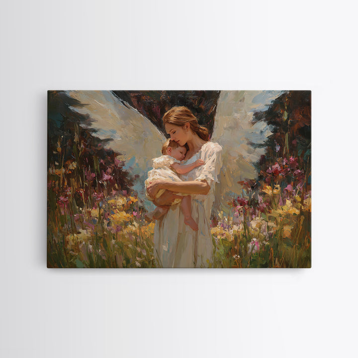 Angel Mother Cradling Baby In Garden Canvas Print, Soft White Wings Floral Painting, Christian Nursery Wall Art, Gift For Mom