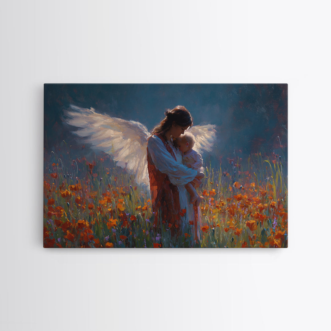 Angel Mother Holding Baby In Poppy Meadow Wall Art, Dark Blue Floral Painting, Christian Nursery Decor, Spiritual Gift For Mom