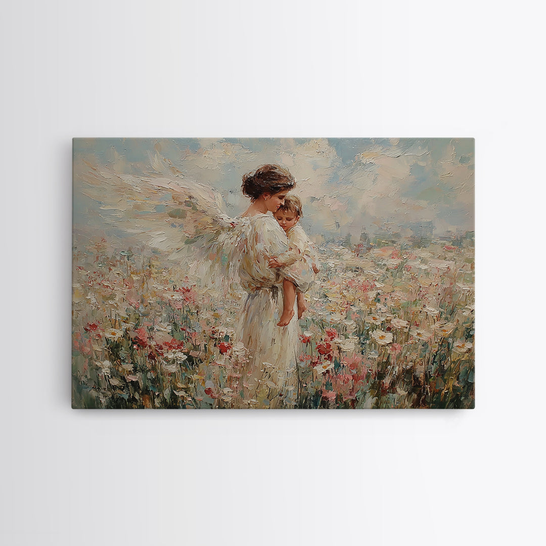 Guardian Angel Mother And Child In Wildflower Meadow Wall Art, Impressionist Oil Painting, Nursery Decor, Gift For Mom, Baby Shower Gift