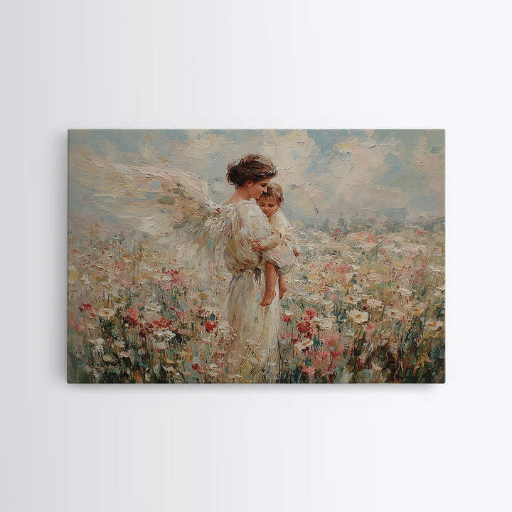 Guardian Angel Mother And Child In Wildflower Meadow Wall Art, Impressionist Oil Painting, Nursery Decor, Gift For Mom, Baby Shower Gift