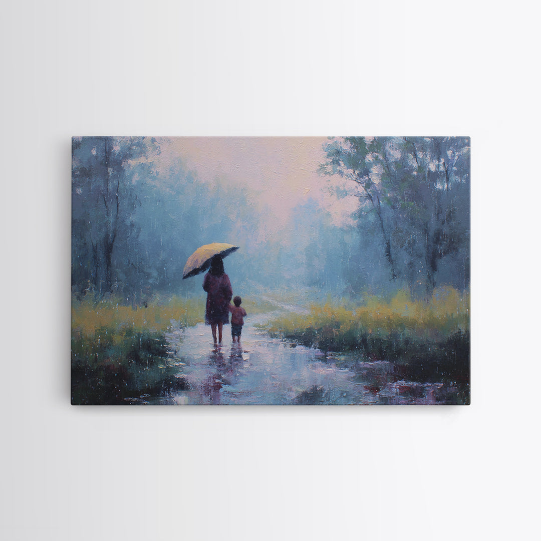 Mother And Child Walking In Rainy Blue Forest Wall Art, Impressionist Landscape Painting, Calming Bedroom Decor, Gift For Her
