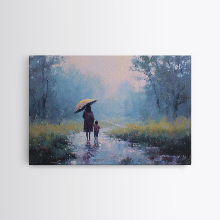 Mother And Child Walking In Rainy Blue Forest Wall Art, Impressionist Landscape Painting, Calming Bedroom Decor, Gift For Her