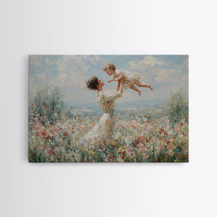 Mother Lifting Baby In Soft Floral Meadow Wall Art, Impressionist Oil Painting, Feminine Nursery Decor, Baby Shower Gift