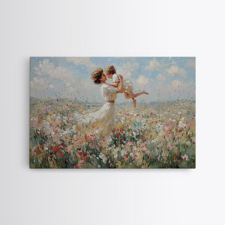 Mother Holding Baby In Breezy White Dress Wall Art, Soft Wildflower Meadow Oil Painting, Feminine Nursery Decor, Gift For Mom