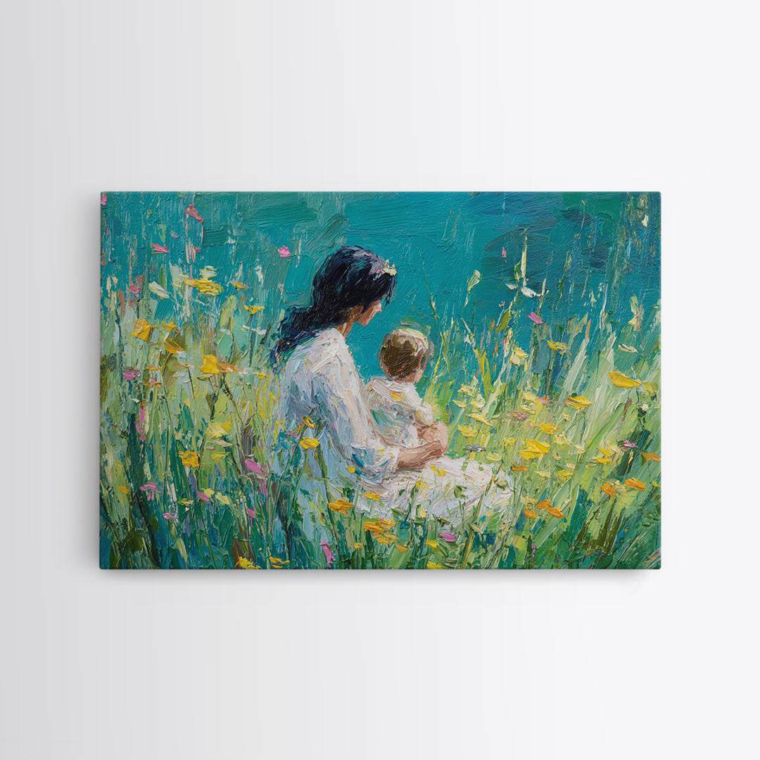 Mother Holding Baby In Teal Wildflower Garden Canvas Print, Impressionist Floral Wall Decor, Nursery Art, Living Room Art, Gift For Mom