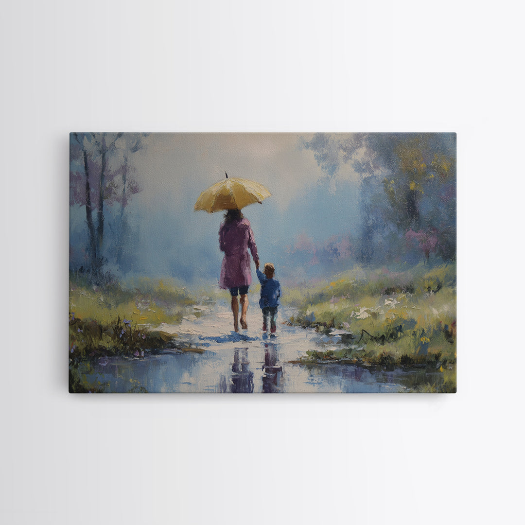 Mother And Child With Yellow Umbrella Rainy Path Canvas Print, Impressionist Landscape Art, Cozy Nursery And Bedroom Decor