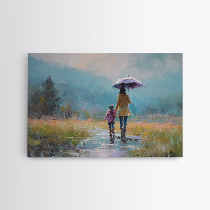 Mother And Child Walking With Umbrella Meadow Wall Art, Misty Mountain Landscape Print, Peaceful Nature Decor, Gift For Mom
