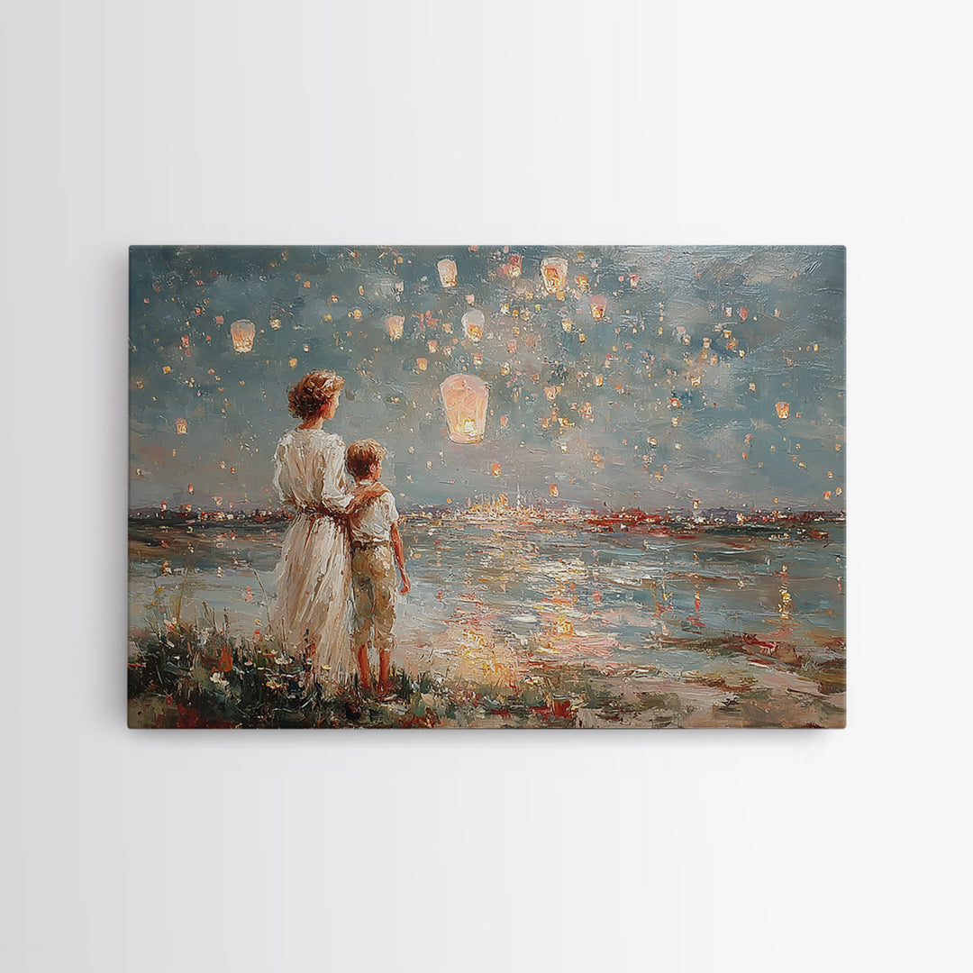 Mother And Son Watching Floating Lanterns Over Water Wall Art, Impressionist Night Lake Print, Romantic Coastal Home Decor