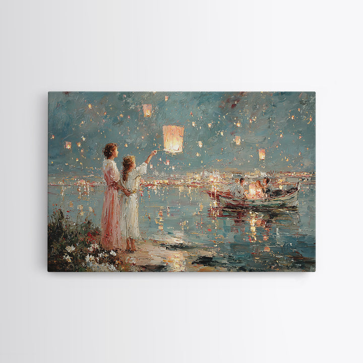 Mother And Daughter Releasing Sky Lanterns By Lake Canvas Print, Impressionist Coastal Night Art, Living Room Wall Decor