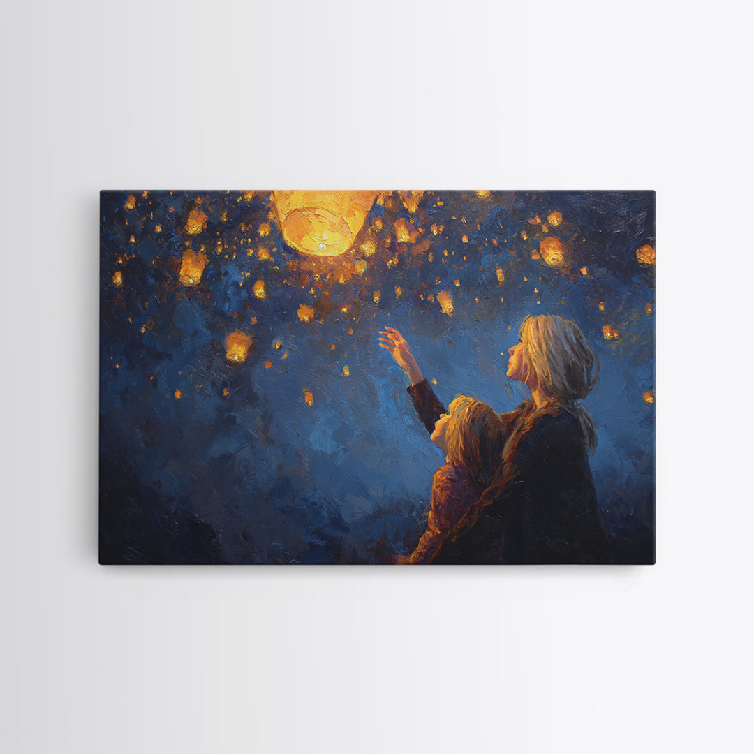 Mother And Child Reaching For Glowing Sky Lantern Canvas Print, Starry Night Wall Art, Celestial Nursery Decor, Gift For Mom