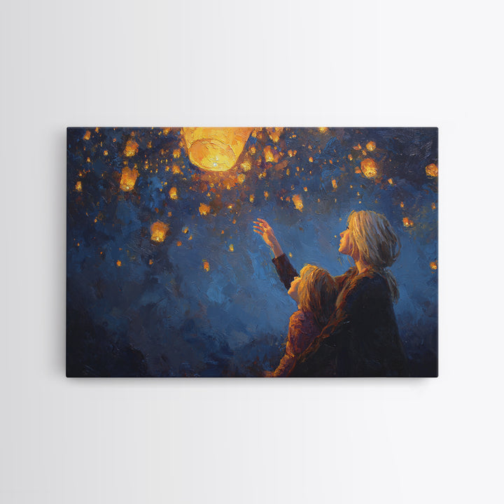 Mother And Child Reaching For Glowing Sky Lantern Canvas Print, Starry Night Wall Art, Celestial Nursery Decor, Gift For Mom