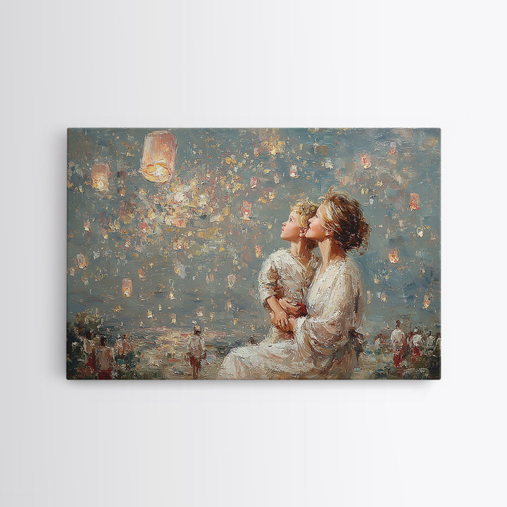 Mother And Child Lanterns By Water Framed Canvas Print, Impressionist Family Wall Art, Nursery Decor, Gift For Mom, Living Room Decor