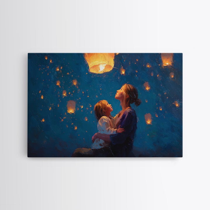 Mother And Child Sky Lanterns At Night Framed Canvas Print, Blue Celestial Wall Art, Nursery Decor, Gift For Mom, Bedroom Decor