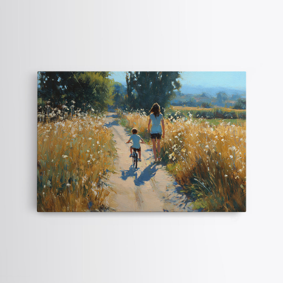 Mother And Child Bicycle Ride On Country Path Canvas Print, Golden Field Wall Art, Farmhouse Decor, Gift For Mom, Rustic Home Decor