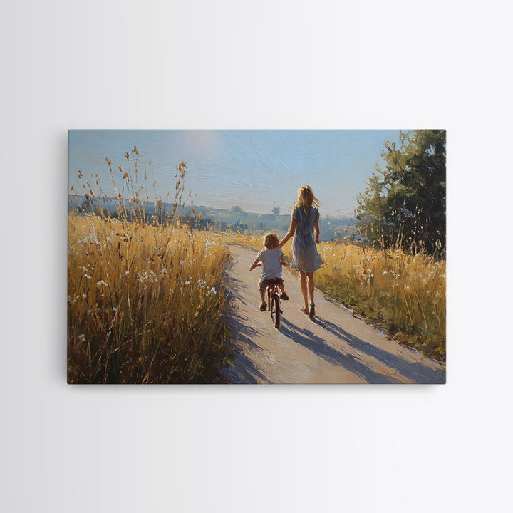 Mother And Child Bike Ride Through Wheat Fields Framed Canvas Print, Summer Landscape Wall Art, Gift For Mom, Home Decor
