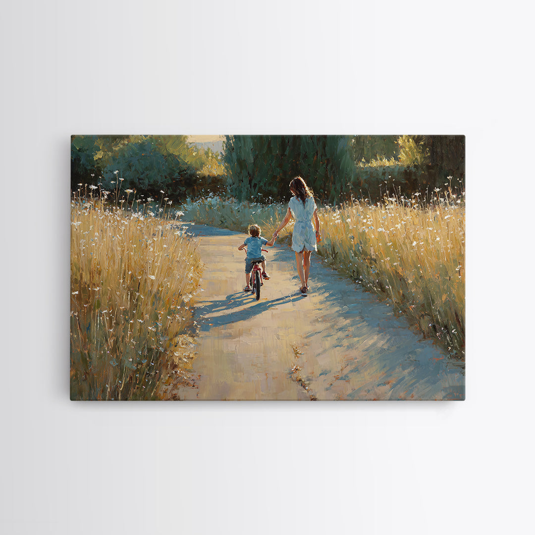 Mother Walking With Child On Bicycle Canvas Print, Golden Meadow Path Wall Art, Rustic Country Decor, Gift For Mom, Home Decor