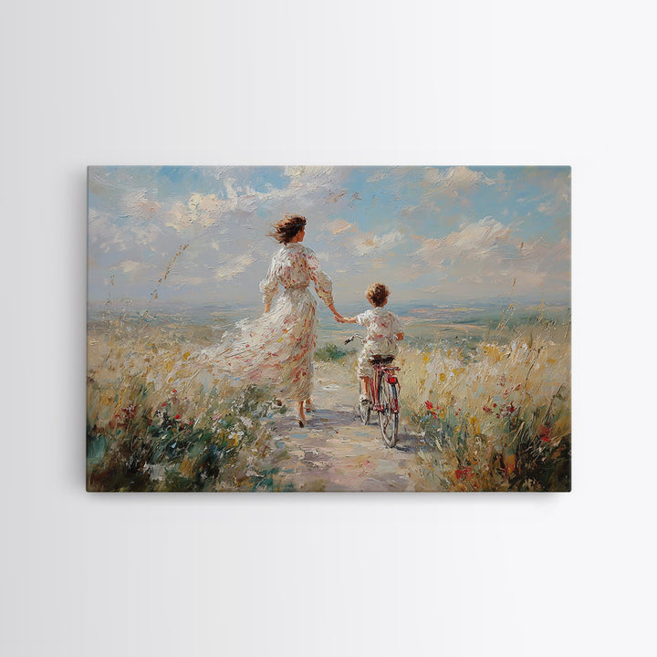 Mother And Child Cycling By Seaside Wildflowers Wall Art, Impressionist Coastal Canvas, Family Gift, Living Room Decor, Housewarming Gift