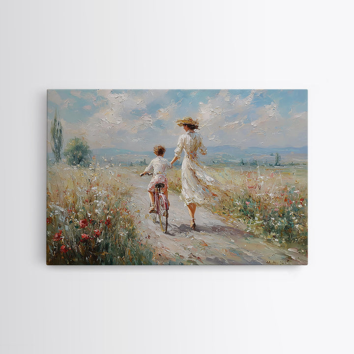 Mother Walking Beside Child On Bicycle Canvas Print, Impressionist Meadow Landscape, Coastal Wall Decor, Gift For Her, Fine Art
