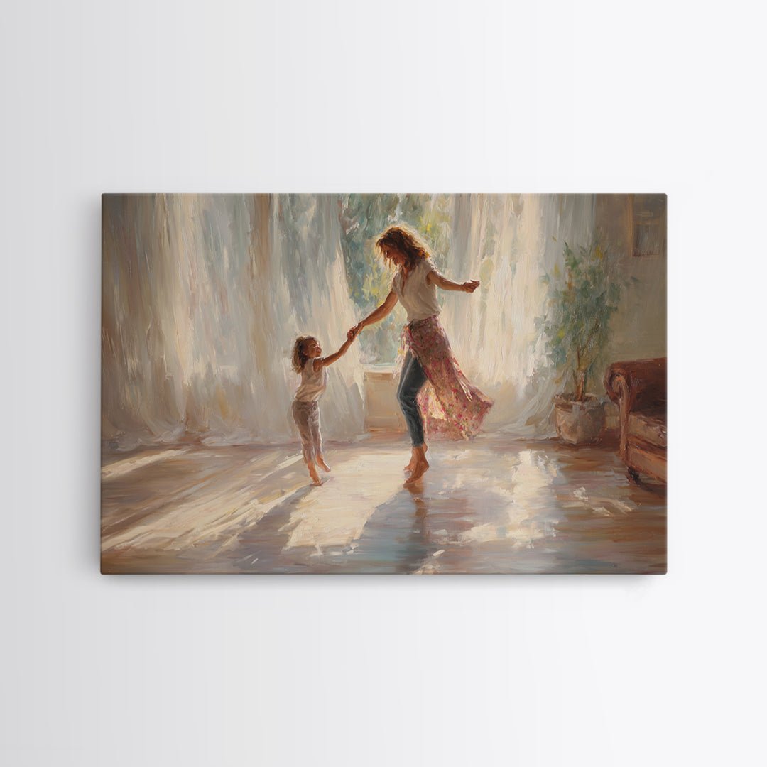 Sunlit Mother And Daughter Dancing Wall Art, Impressionist Family Painting, Feminine Bedroom Decor, Gift For Mom, Home Decor