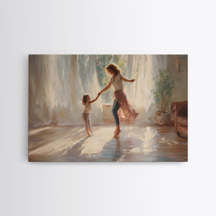 Sunlit Mother And Daughter Dancing Wall Art, Impressionist Family Painting, Feminine Bedroom Decor, Gift For Mom, Home Decor