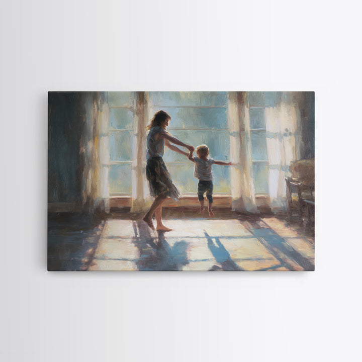 Mother Lifting Toddler In Sunlit Windows Framed Canvas Print, Impressionist Family Wall Decor, Nursery Art, Gift For Her