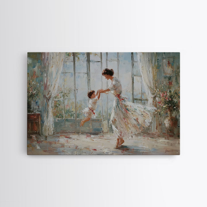 Mother And Child Dancing In Bright Floral Room Wall Art, Impressionist Family Painting, Feminine Decor, Gift For Her, Fine Art