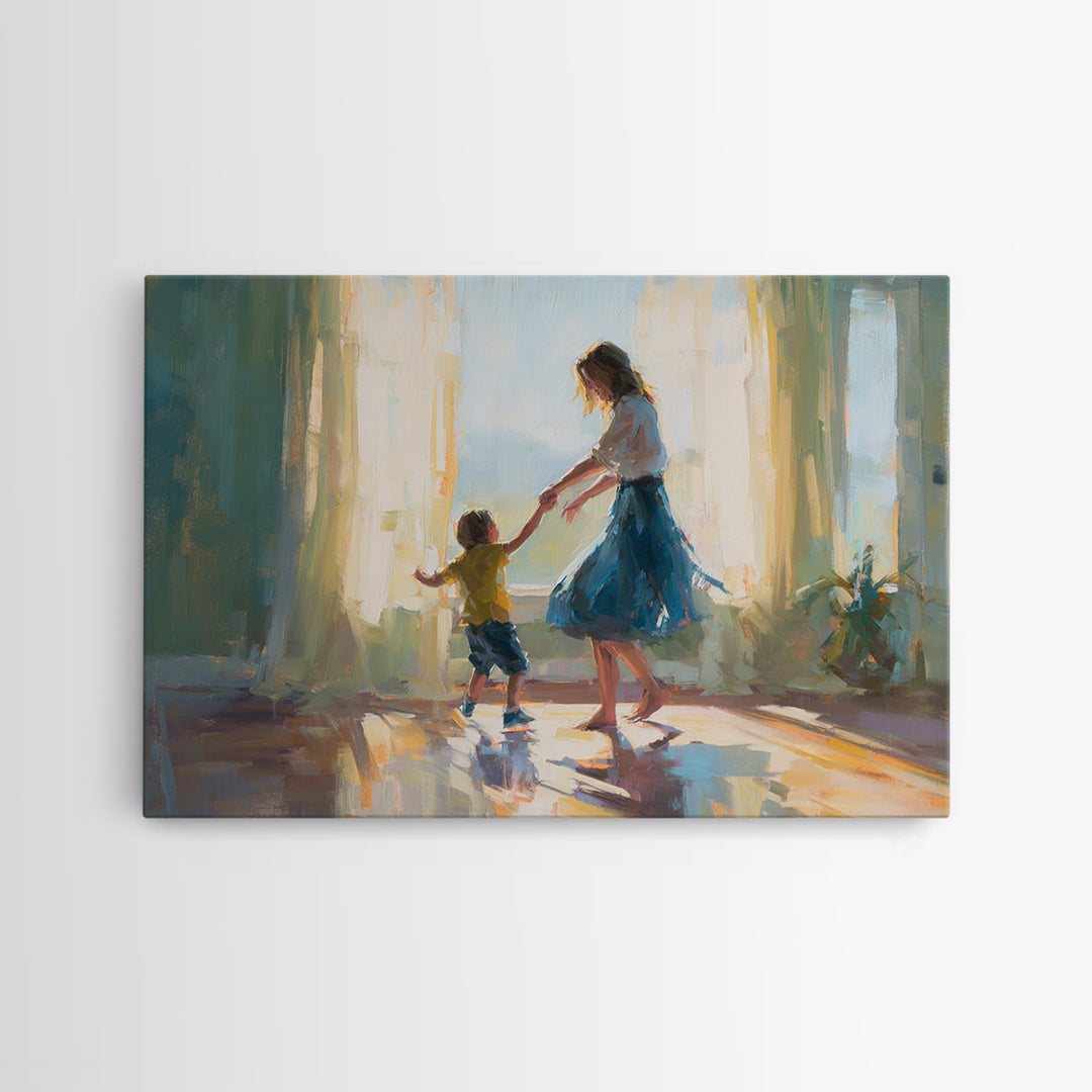 Mother Dancing With Little Boy In Sunlit Room Canvas Print, Impressionist Family Wall Decor, Bedroom Art, Gift For Mom, Home Decor
