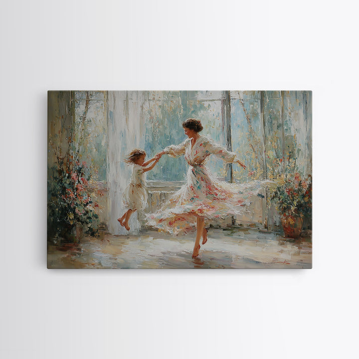 Mother And Daughter Twirling In Sunlit Flower Room Wall Art, Impressionist Family Painting, Feminine Decor, Gift For Mom