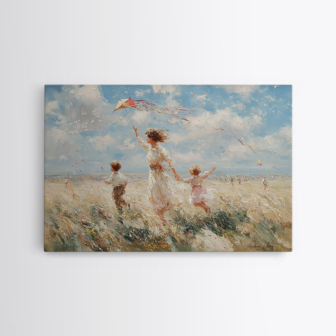 Mother Flying Kite With Children On Beach Wall Art, Impressionist Coastal Landscape, Family Gift, Beach House Decor, Canvas