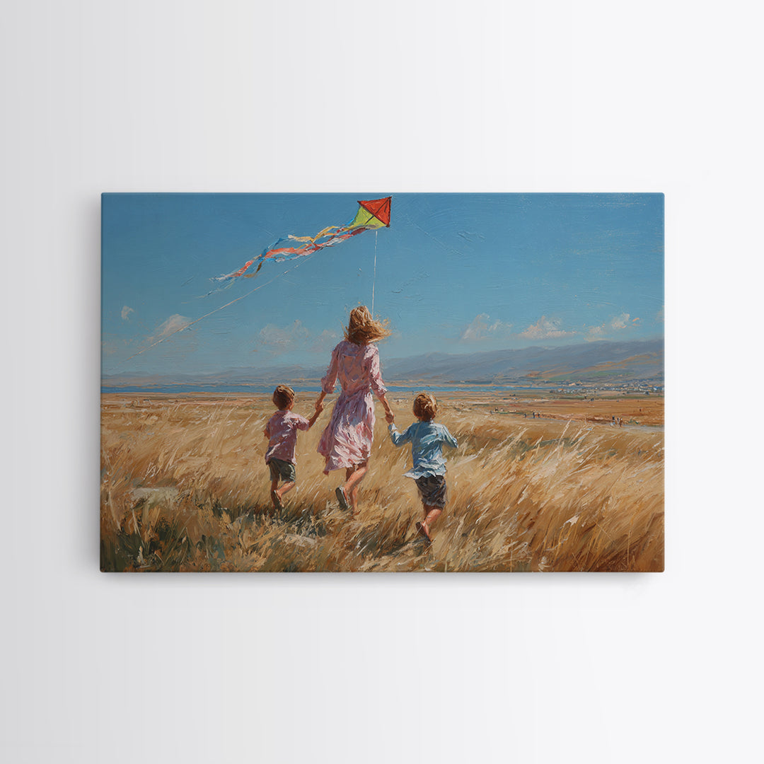 Mother And Children Running With Kite Through Golden Field Canvas Print, Impressionist Landscape, Family Gift, Farmhouse Decor