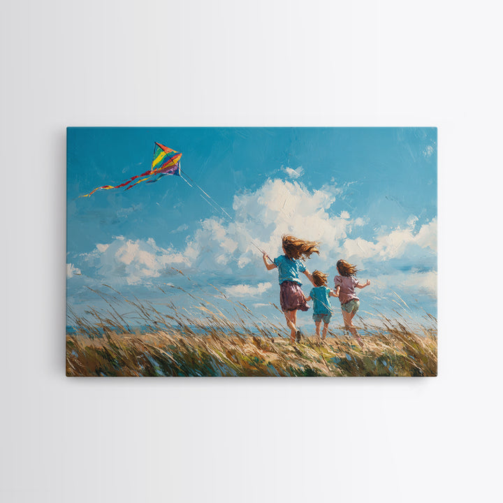 Three Children Running With Rainbow Kite Canvas Print, Breezy Coastal Field Wall Art, Kids Room Decor, Nursery Art, Gift For Her