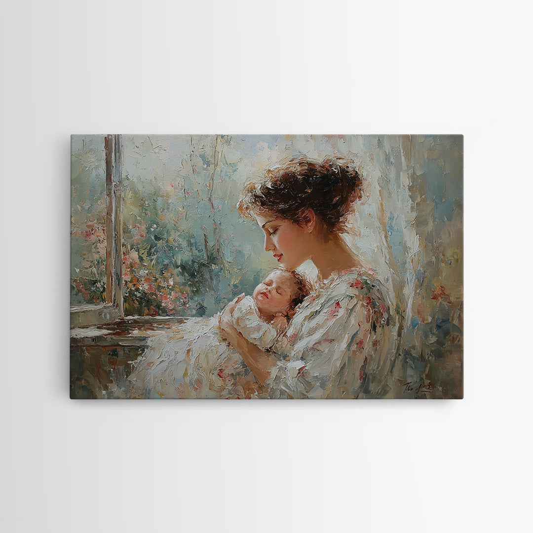 Mother Cradling Sleeping Newborn By Garden Window Framed Canvas Print, Feminine Wall Art, Baby Nursery Decor, Gift For Mom
