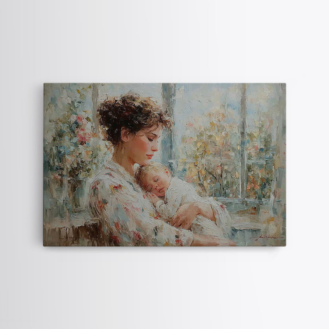 Tender Mother Holding Sleeping Baby Beside Bright Window Wall Art, Impressionist Nursery Decor, Feminine Art, Gift For Her