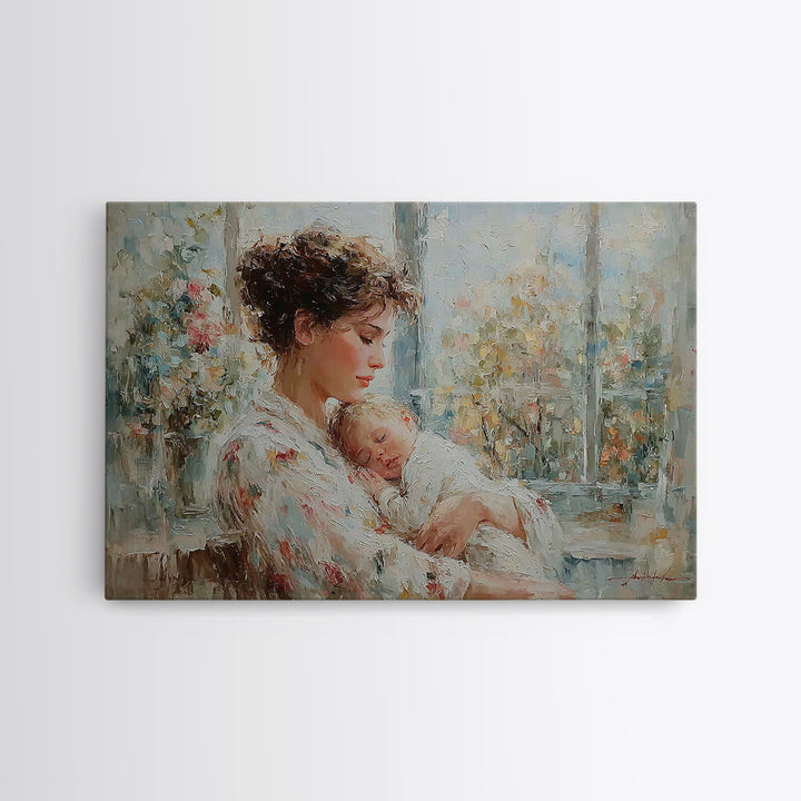 Tender Mother Holding Sleeping Baby Beside Bright Window Wall Art, Impressionist Nursery Decor, Feminine Art, Gift For Her
