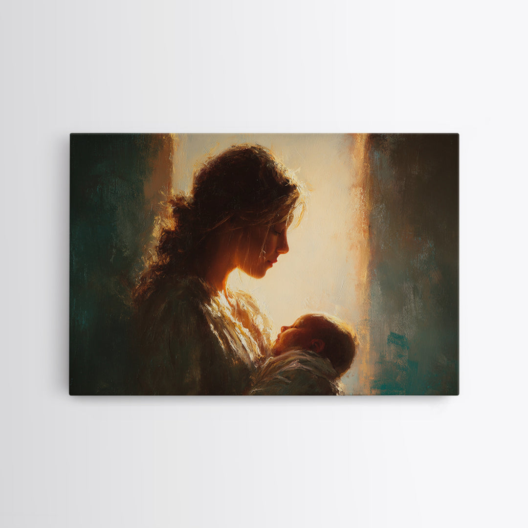 Backlit Mother Holding Newborn In Warm Window Light Wall Art, Moody Portrait, Spiritual Home Decor, Gift For Mom, Nursery Art