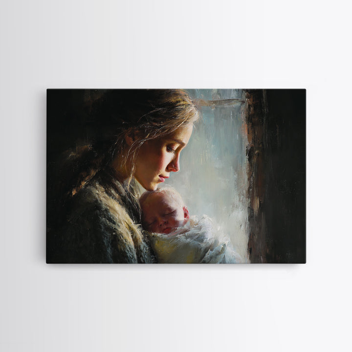 Moody Mother And Sleeping Baby By Rainy Window Framed Canvas Print, Dark Academia Wall Art, Nursery Decor, Gift For Mom, New Baby Gift