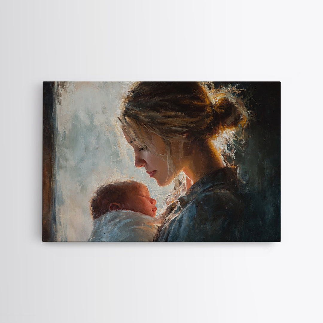 Soft Mother And Newborn Portrait In Window Light Canvas Print, Feminine Wall Art, Baby Nursery Decor, Gift For Mom, New Baby Gift