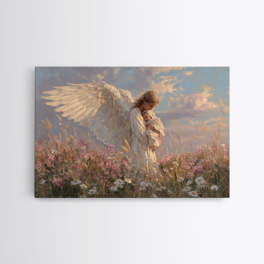 Guardian Angel Holding Baby In Wildflower Meadow Wall Art, Spiritual Nursery Decor, Christian Art Print, Baptism Gift For Her